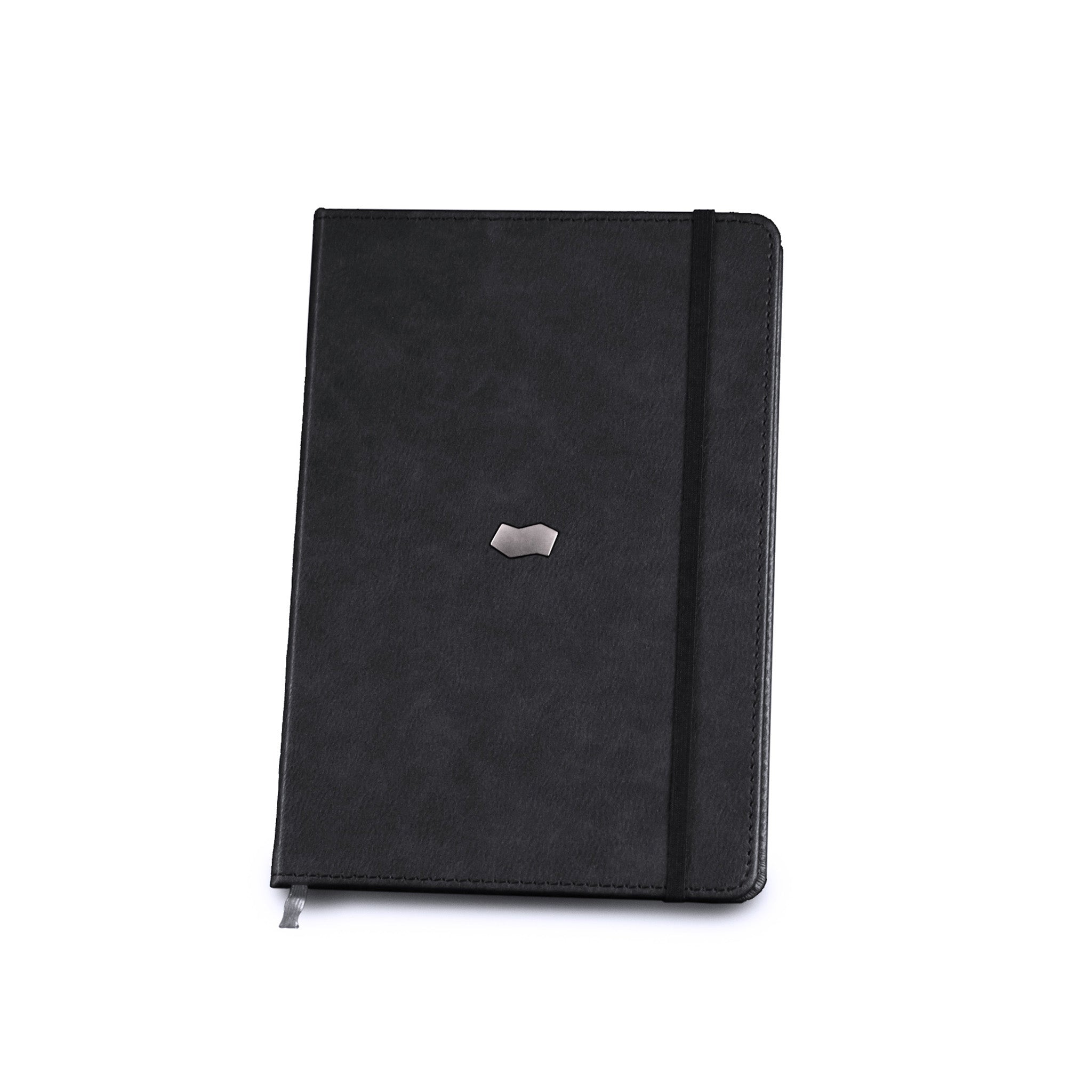 novium notebook has an embossed logo on its front cover with two ribbon bookmarks at the bottom